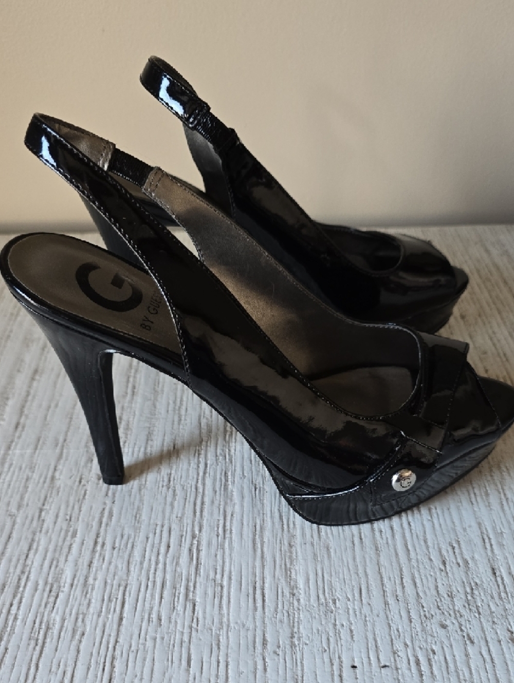 G by Guess Black Patent Peep-Toe Slingback Wedges - Picture 5 of 10